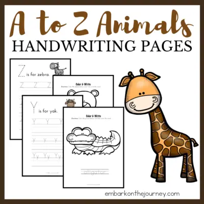 It's so much fun to practice handwriting with these A to Z Animals homeschool handwriting pages! Color, trace, and write!