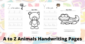 It's so much fun to practice handwriting with these A to Z Animals homeschool handwriting pages! Color, trace, and write!
