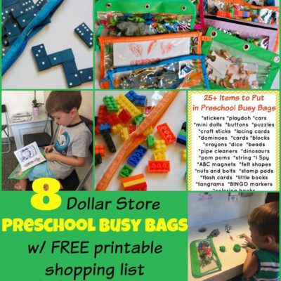 With a few items I had on-hands and a trip to the Dollar Store, I made 9 busy bags to entertain my 4yo nephew for a week-long visit! | embarkonthejourney.com