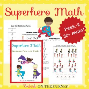 Your little learners will love this 52-page Super Hero Math freebie for grades PreK-2! | embarkonthejourney.com